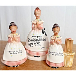Enesco Prayer Lady Napkin Holder Toothpick Holder Salt Shaker Kitchen Mother EUC